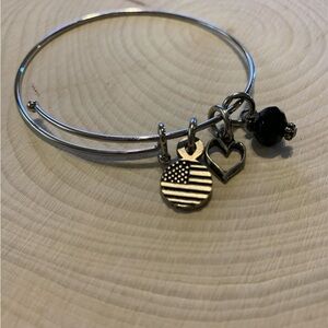 Silver-Tone American Flag & Heart Charm Bangle Bracelet - Black Accent